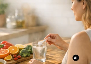 Eine Frau rührt Pulver in ein Glas Wasser ein, vor ihr steht verschiedenes Obst (KI-generiert)