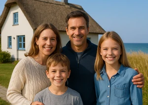Eine Familie vor einem Ferienhaus Eine Familie mit zwei Kindern vor einem weißen Haus mit blauen Fenstern und Reetdach und Wasser im Hintergrund