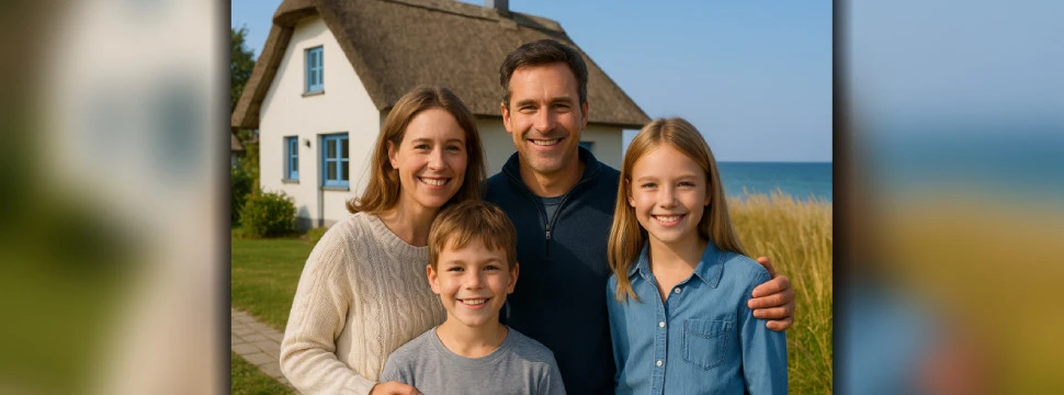Eine Familie mit zwei Kindern vor einem weißen Haus mit blauen Fenstern und Reetdach und Wasser im Hintergrund