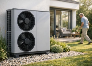 Wärmepumpe vor einem Haus, im Hintergrund die Terrasse und ein Mann