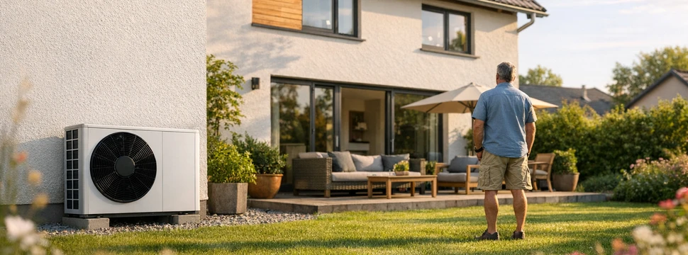 Wärmepumpe vor einem Haus, im Hintergrund die Terrasse und ein Mann