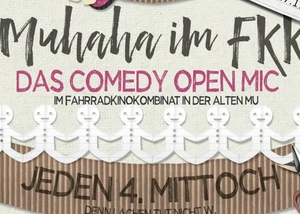 Das Plakat zur Veranstaltung Ein Plakat für eine Comedyveranstaltung in Kiel mit dem Namen "Muhaha im FKK"