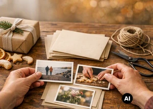 Eine Person hält zwei Polaroid-Fotos in den Händen, dahinter liegt Bastelmaterial für Karten