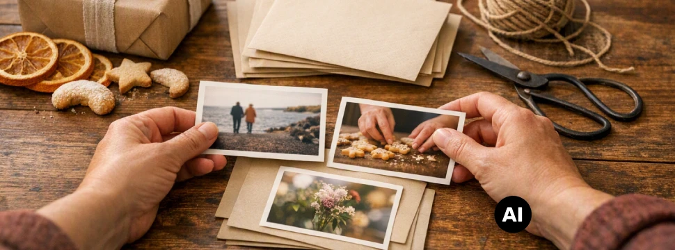 Eine Person hält zwei Polaroid-Fotos in den Händen, dahinter liegt Bastelmaterial für Karten