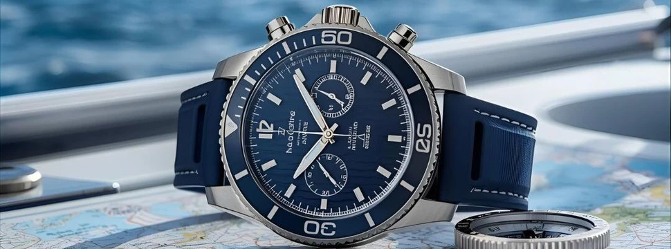 Eine Armbanduhr liegt auf einer Seekarte, im Hintergrund Segelboote auf dem Meer
