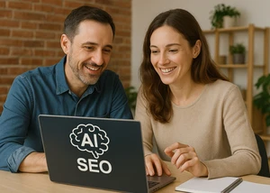AI-SEO erklärt Zwei erwachsene Menschen. die vor einem Laptop mit der Aufschrift AI-SEO sitzen und auf den Bildschirm gucken und dabei lächeln