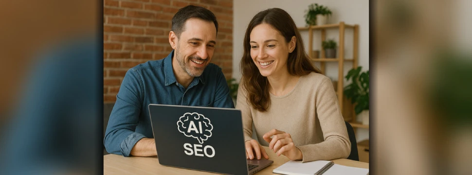 Zwei erwachsene Menschen. die vor einem Laptop mit der Aufschrift AI-SEO sitzen und auf den Bildschirm gucken und dabei lächeln