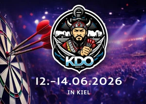 Ein Plakat, das auf eine Veranstaltung im Kieler Max Nachttheater hinweist, das im Juni stattfindet und bei dem es um Dartsport geht