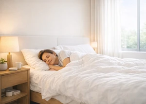 Eine Frau schläft frühmorgens in ihrem Bett.