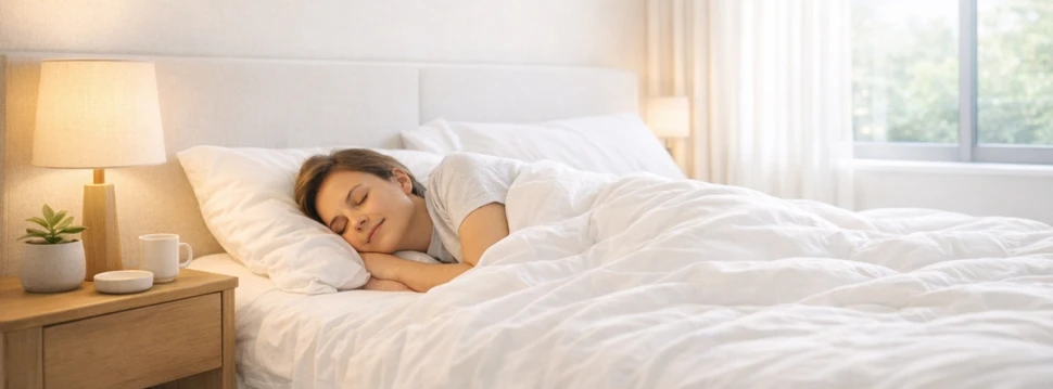 Eine Frau schläft frühmorgens in ihrem Bett.