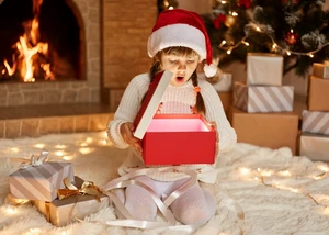 Mädchen öffnet ihr Weihnachtsgeschenk Mädchen öffnet ihr Weihnachtsgeschenk, © user18526052 / Freepik