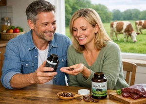 ein mittelaltes Paar sitzt am Küchentisch, vor dem Fenster grast eine Kuh