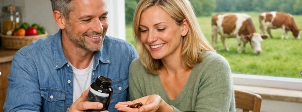 ein mittelaltes Paar sitzt am Küchentisch, vor dem Fenster grast eine Kuh