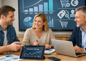 Drei Menschen in einer Beratung, die vor einer Tafel an einem Tisch sitzen