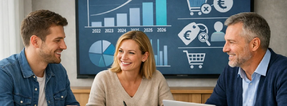 Drei Menschen in einer Beratung, die vor einer Tafel an einem Tisch sitzen