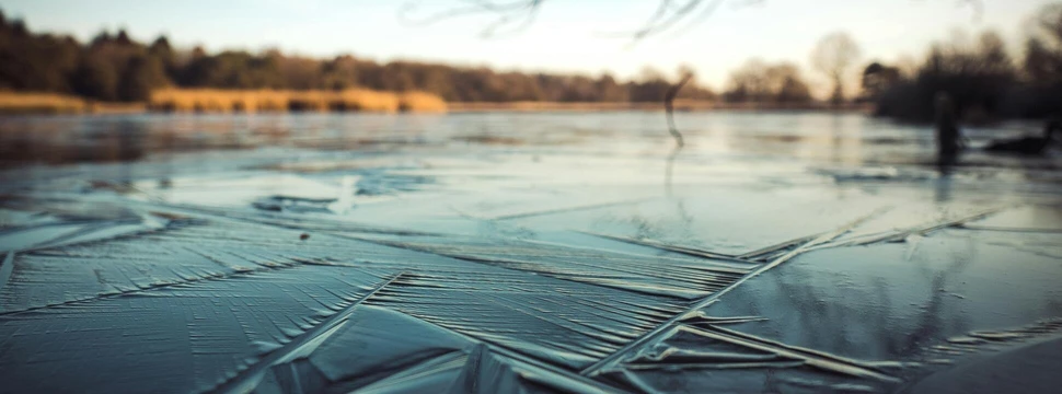 Ein See, auf dem das Wasser gefroren ist und mit blauem Horizont im Hintergrund