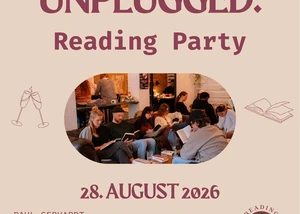Plakat für eine Lese Party. Auf dem Foto in der Mitte sieht man ein Gruppe von Menschen am Lesen
