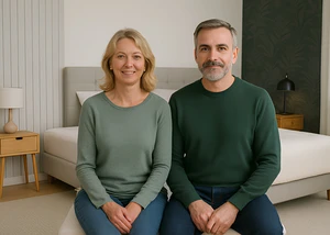 Tipps für den perfekten Bettenkauf Ein Pärchen mittleren Alters, im Hintergrund ein Schlafzimmer