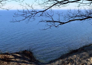 Aussicht von der Steilküste über die blaue Ostsee im Winterlicht. Blick von einer Steilküste auf die ruhige Ostsee mit kahlen Ästen im Vordergrund.